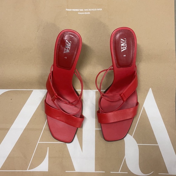 ZARA RED 100% LEATHER HEELED STRAPPY SANDALS - Picture 8 of 11